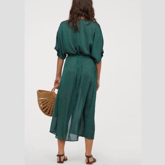 NWT H&M Green Kaftan Dark Green Maxi Palm Leaves‎ print Belted V-neck Long Dress - Picture 2 of 5